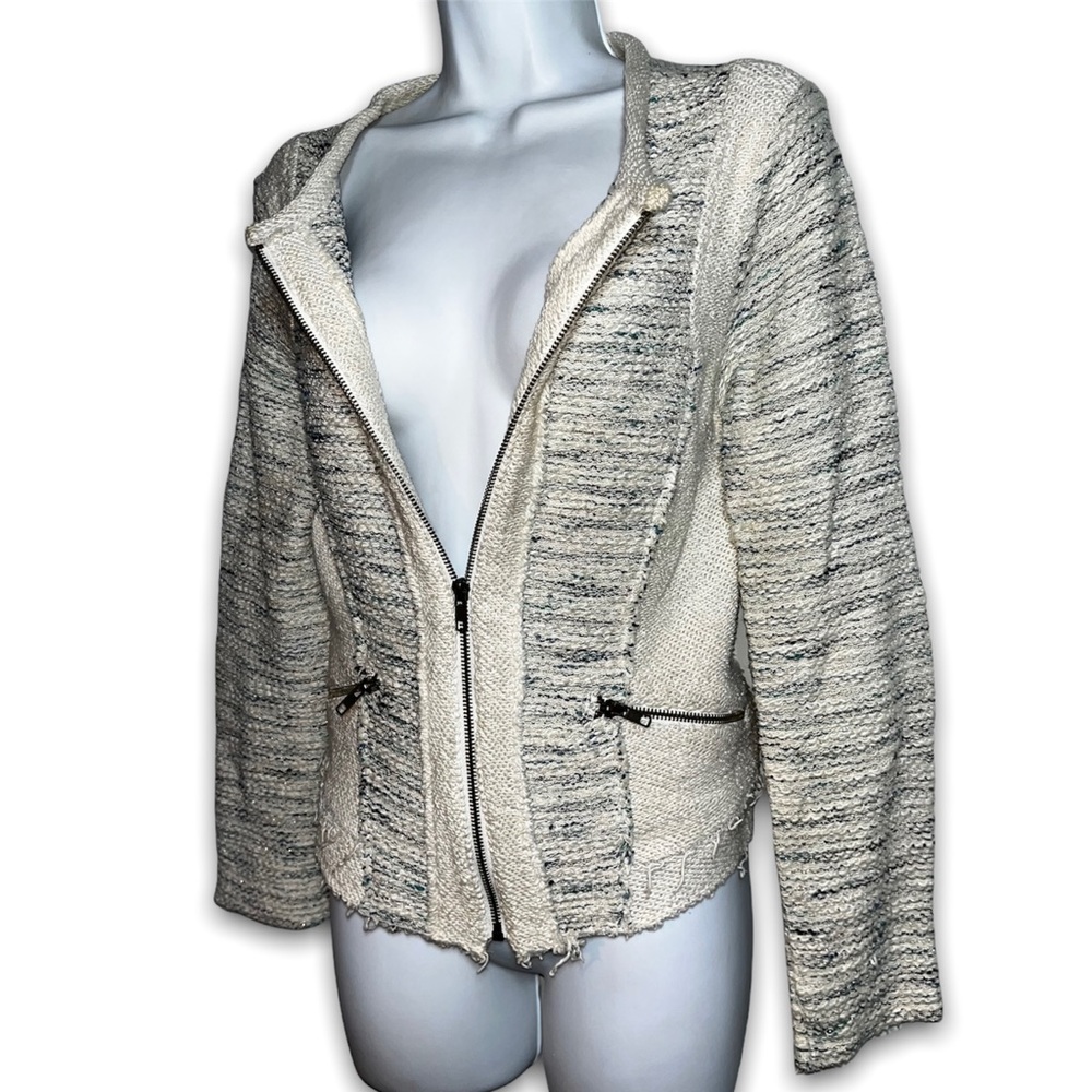 DREW Ivory White Teal Blue Metallic Zip Up Tweed Raw Fringe Edge Blazer Jacket M